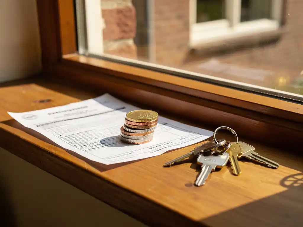 Hypotheekdocument met euromuntjes en sleutels op houten vensterbank van Nederlandse woning in warm middaglicht.