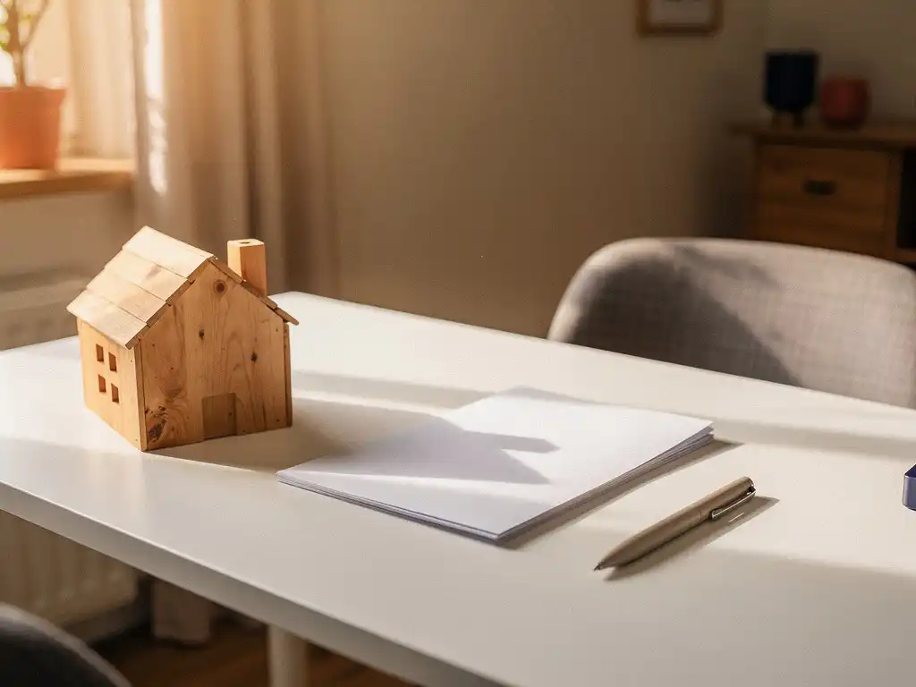 Klein houten maquettehuisje op wit bureau naast gevouwen document en pen, warm middaglicht, Nederlandse gezinswoning op achtergrond.