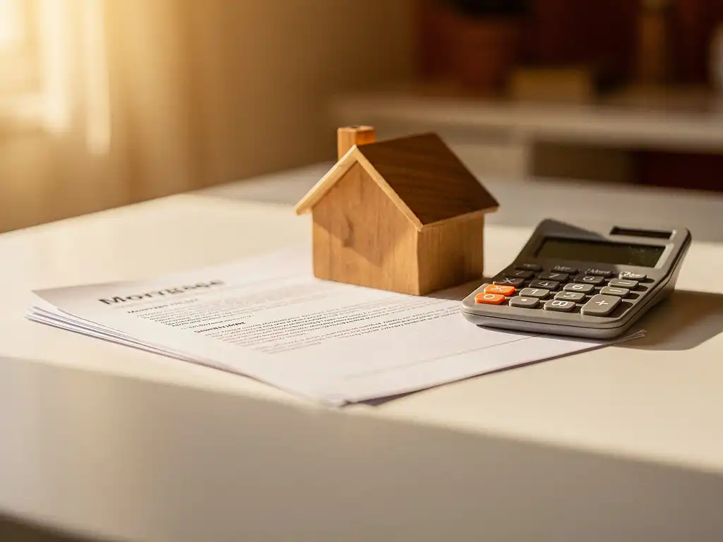 Klein houten huismodel op wit bureau naast hypotheekdocument en rekenmachine, warm middaglicht, sfeervolle woningfinanciering setting.