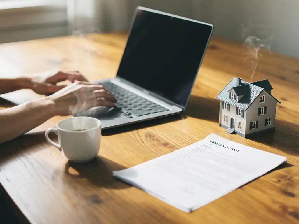 Handen boven laptoptoetsenbord naast miniatuur huis en hypotheekdocument op houten bureau met dampende koffie.