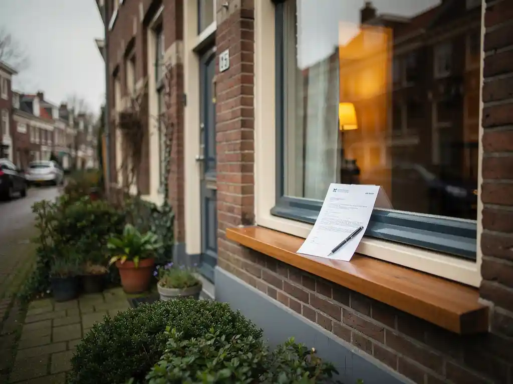 Nederlandse rijtjeswoning met voortuin, warme raamverlichting en hypotheekdocument met pen op houten vensterbank.
