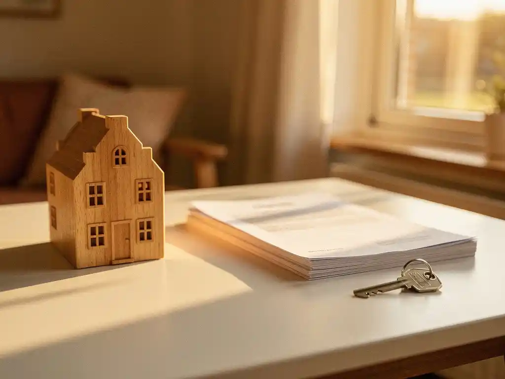 Klein houten maquettehuisje op wit bureau naast hypotheekdocument en sleutel, warm middaglicht, Nederlandse woningmarkt.