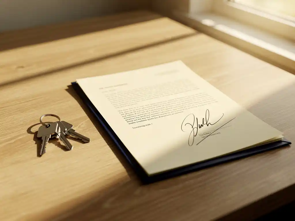 Ondertekend hypotheekdocument op houten bureau naast huissleutels, warm middaglicht met zachte schaduwen.