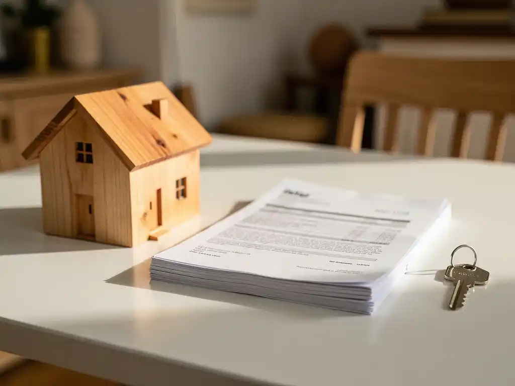 Klein houten maquettehuisje op wit bureau naast hypotheekdocumenten en sleutel, warme sfeervolle verlichting.