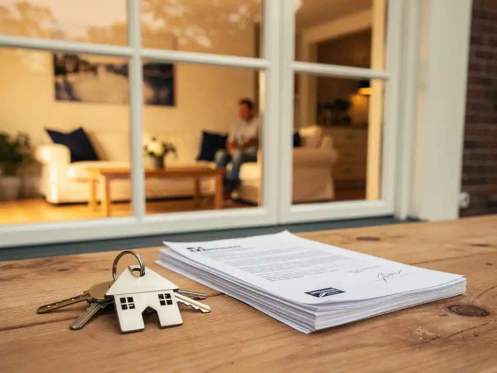 Huissleutels op houten tafel naast hypotheekdocumenten, met warm interieur van Nederlandse woning zichtbaar op de achtergrond.