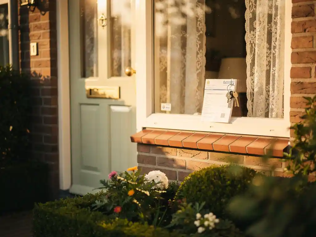 Hypotheekdocumenten en sleutels op een zonnig vensterbank bij een Nederlands woonhuis met verzorgde voortuin.