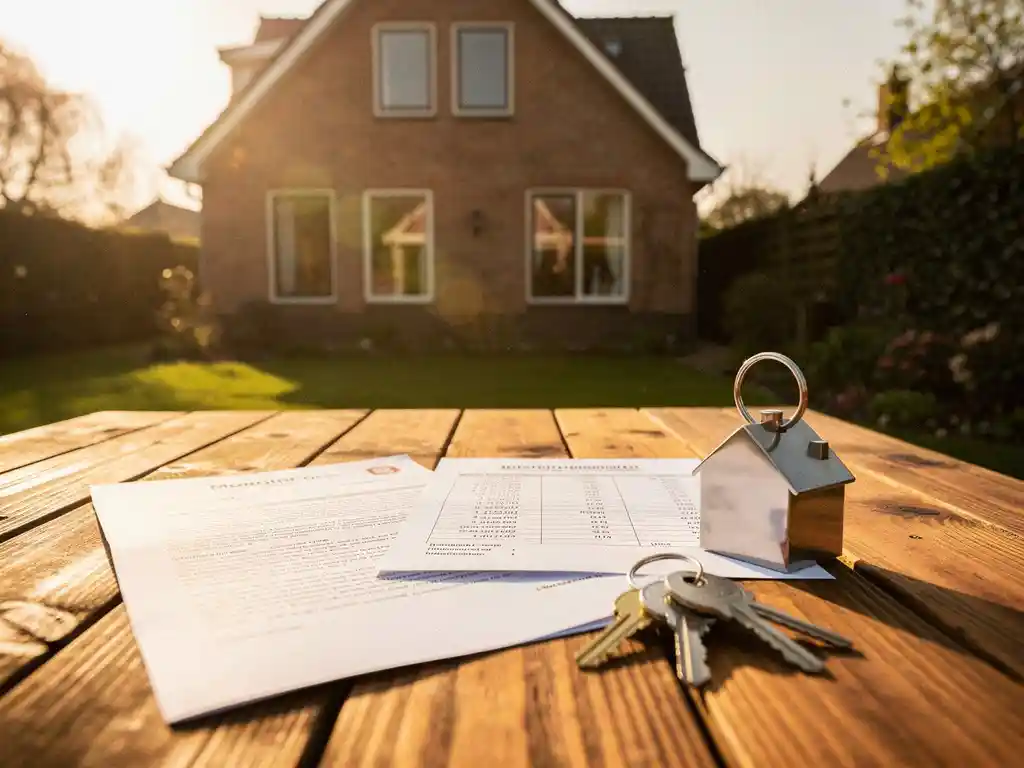 Hypotheekdocument en renteberekening op houten tuintafel bij Nederlandse woning, met huissleutels in warm middaglicht.