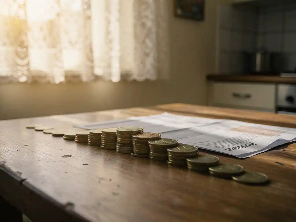 Euro munten in dalende rij op keukentafel naast hypotheekdocument, warm middaglicht door kanten gordijnen.
