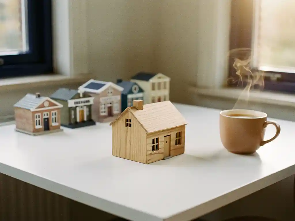 Houten miniatuurwoning op wit bureau naast rij kleine bankgebouwtjes en kop koffie, zacht ochtendlicht, Nederlandse gezinswoning op achtergrond.