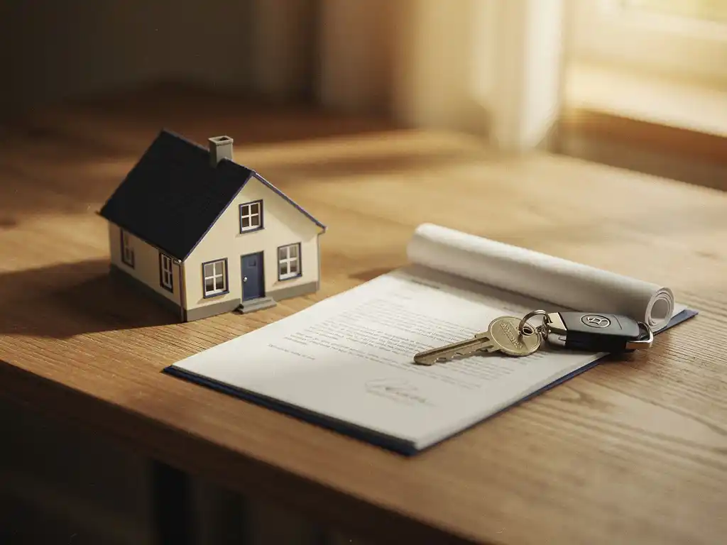 Miniatuur woonhuis op houten bureau naast gevouwen document en huissleutel, symbool voor financieel herstel en nieuwe start.