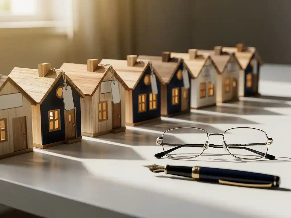 Rij miniatuur houten huisjes met prijslabels op een bankbureau, met leesbril en vulpen, warm goudkleurig licht.