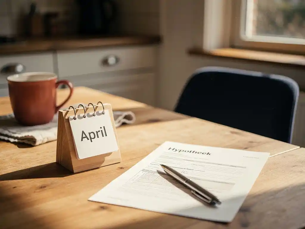 Houten kalender die naar een nieuwe maand bladert op keukentafel, met hypotheekdocument en pen in warm Nederlands interieur.