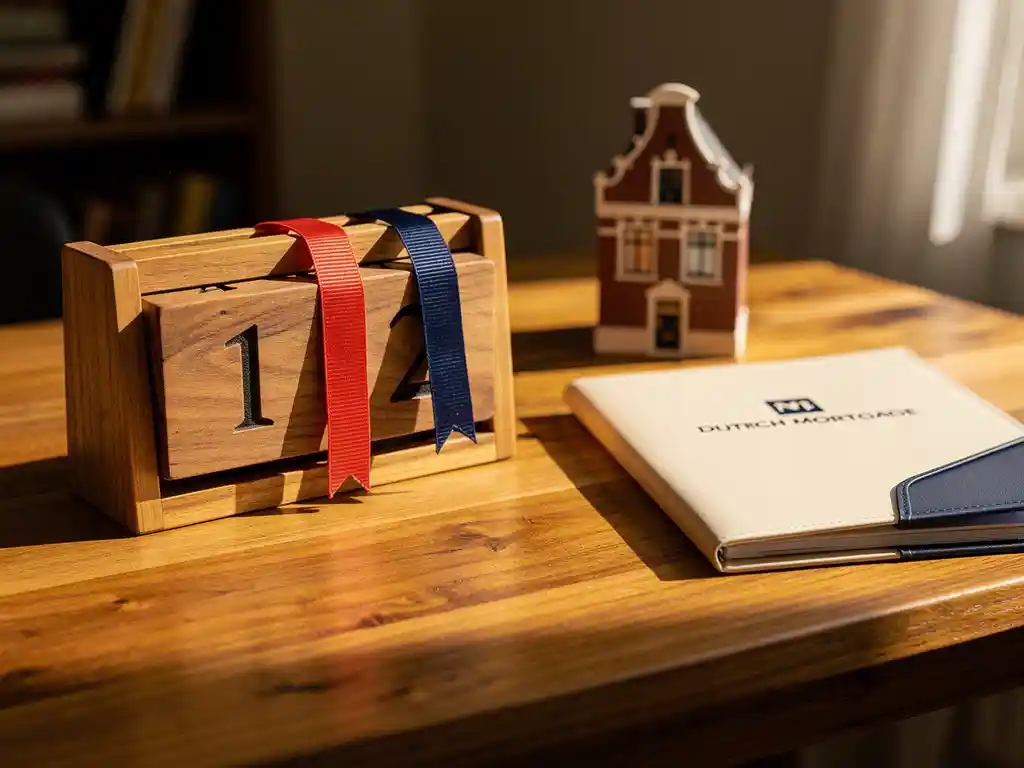 Houten kalender met twee linten op een eikenhouten bureau naast een miniatuurhuis en hypotheekmapje, warm middaglicht.