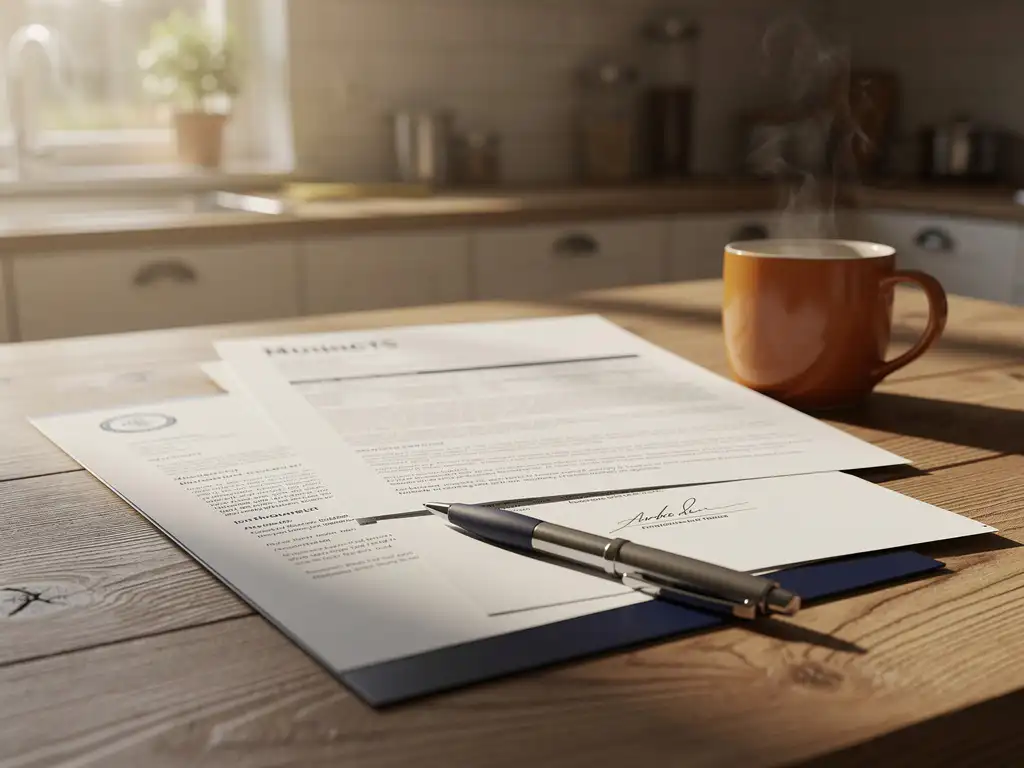 Twee hypotheekdocumenten naast elkaar op een houten keukentafel met een dampende koffiemok en een pen, zacht middaglicht.