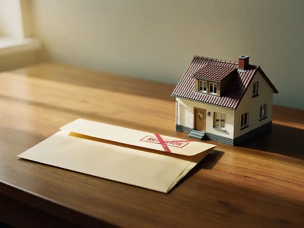 Verzegelde bruine envelop met rood afwijzingsstempel op houten bureau naast miniatuur huisje, zacht natuurlijk licht.