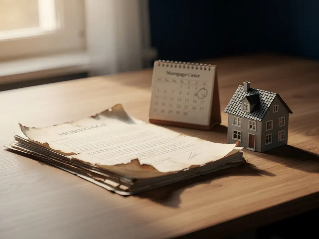Versleten hypotheekcontract en miniatuur huismodel op houten bureau met kalender met omcirkelde datum in warm middaglicht.