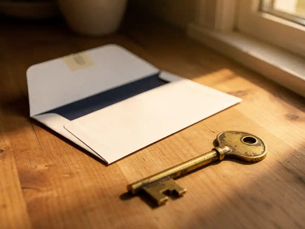 Verzegelde envelop en hypotheekdocument op houten keukentafel naast een huissleutel, zacht middaglicht.