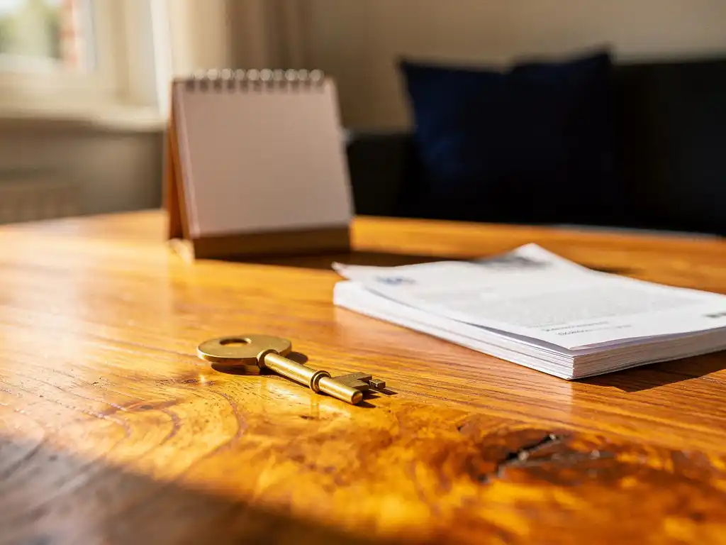 Messing deursleutel op houten tafel naast gevouwen hypotheekdocument, warm middaglicht en kalender op de achtergrond.