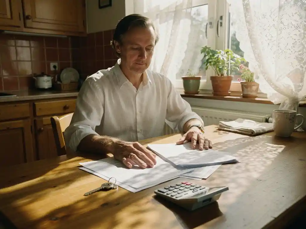 Huiseigenaar bestudeert hypotheekdocumenten aan houten keukentafel met sleutel en rekenmachine, warm middaglicht door kanten gordijnen.