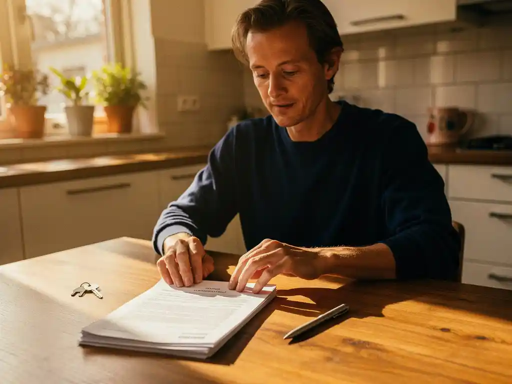Nederlander aan houten keukentafel met hypotheekdocumenten, huissleutel en pen, warm middaglicht in gezellig interieur.