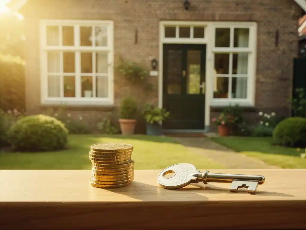 Stapeltje euromunten en huissleutel op een zonnig houten vensterbanksill, met Nederlandse gezinswoning op de achtergrond.
