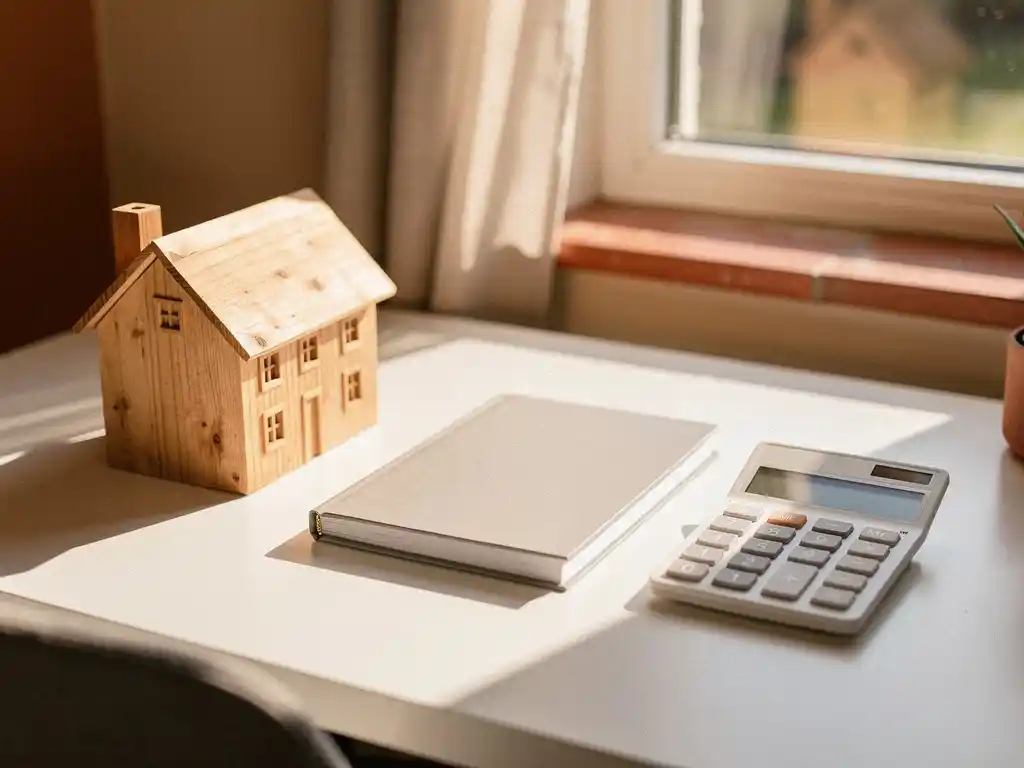 Houten miniatuurhuis op wit bureau naast calculator en maandplanner, warm ochtendlicht, knus huiselijk sfeer.