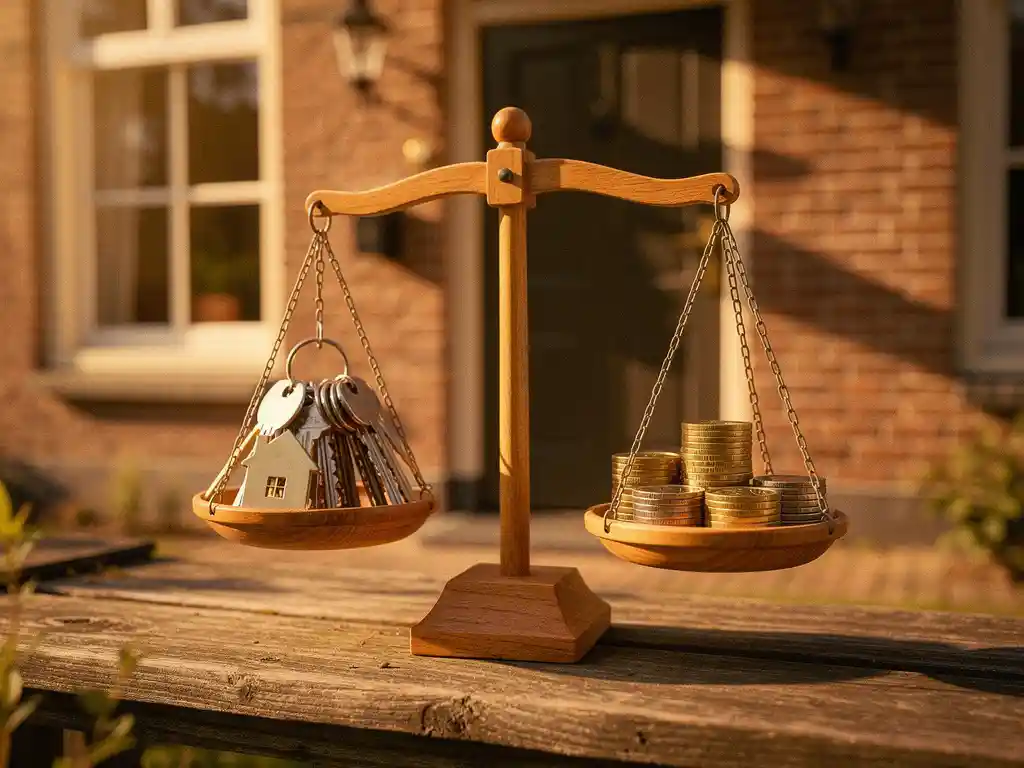 Houten weegschaal op veranda van Nederlandse woning, met huissleutels en euromunten in balans, warme middagzon op bakstenen gevel.
