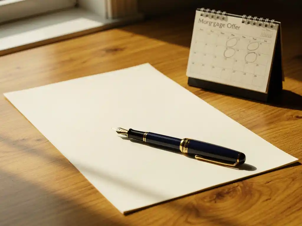 Formeel hypotheekaanbod op een eiken bureau naast een bureaukalender met omcirkelde data en een vulpen, in zacht middaglicht.