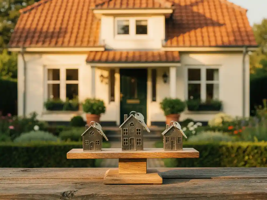 Houten weegschaal met drie miniatuur huissleutels op veranda van Nederlandse woning, symboliseert meerdere hypotheekopties.