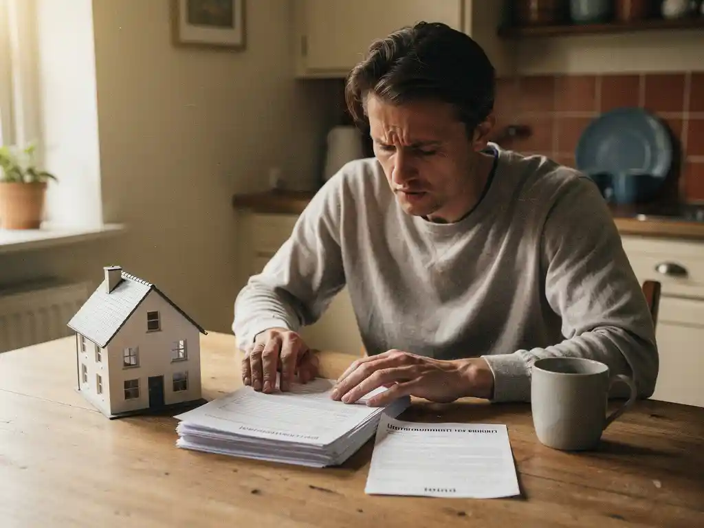 Bezorgde huiseigenaar aan keukentafel met hypotheekdocumenten, miniatuur woning en ontslagbrief in warm Nederlands interieur.