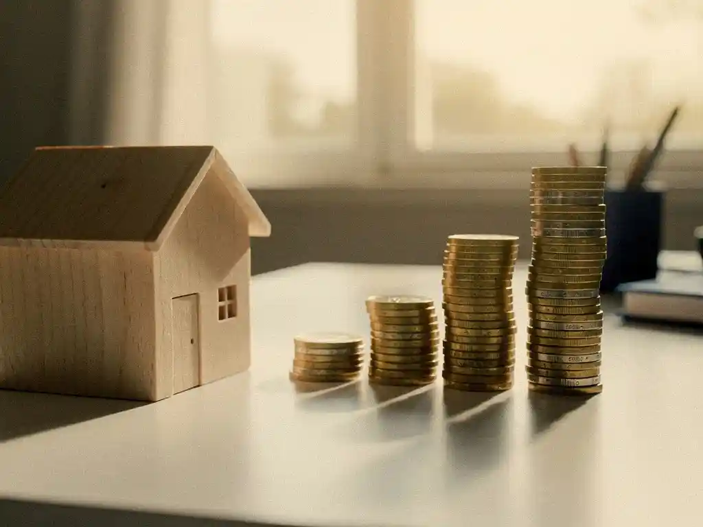 Houten miniatuurhuis naast opstapelende euromunten als stijgende grafiek op wit bureau, warm ochtendlicht.