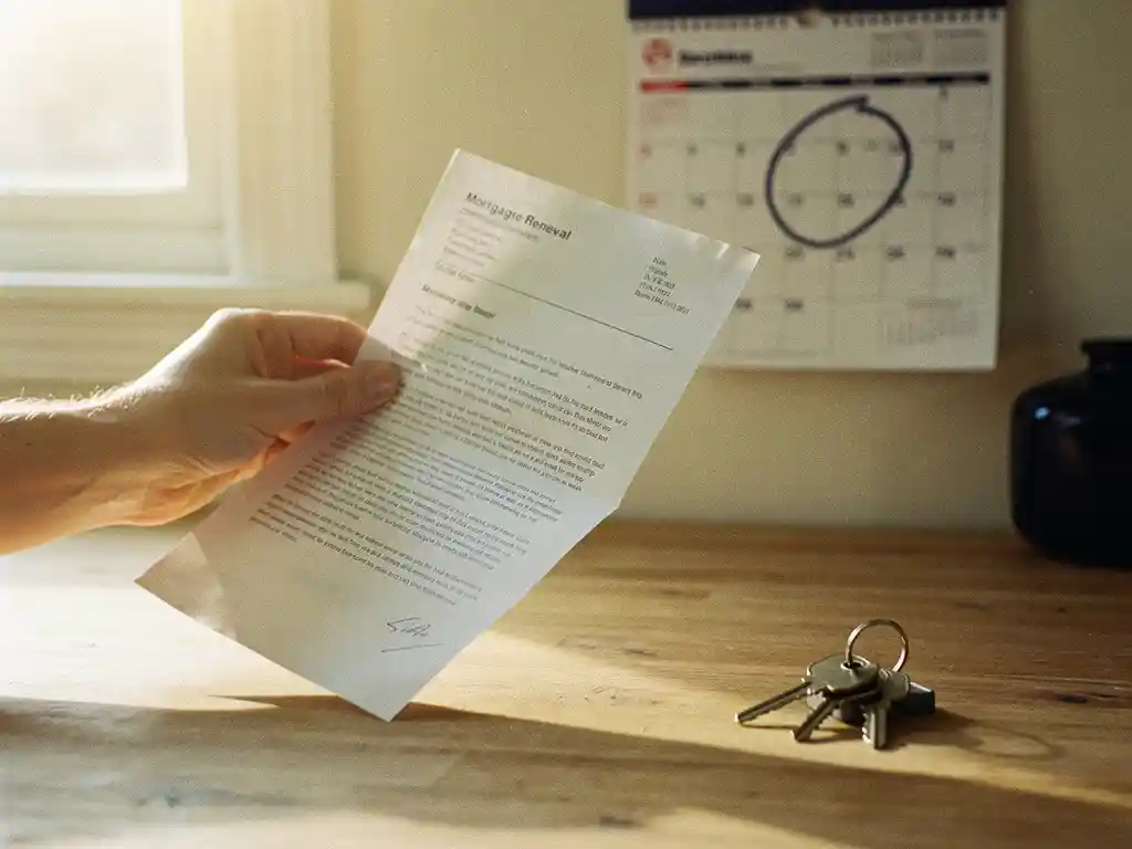 Huiseigenaar houdt hypotheekverlengingsbrief naast kalender met omcirkelde datum, sleutels op houten tafel in warm ochtendlicht.