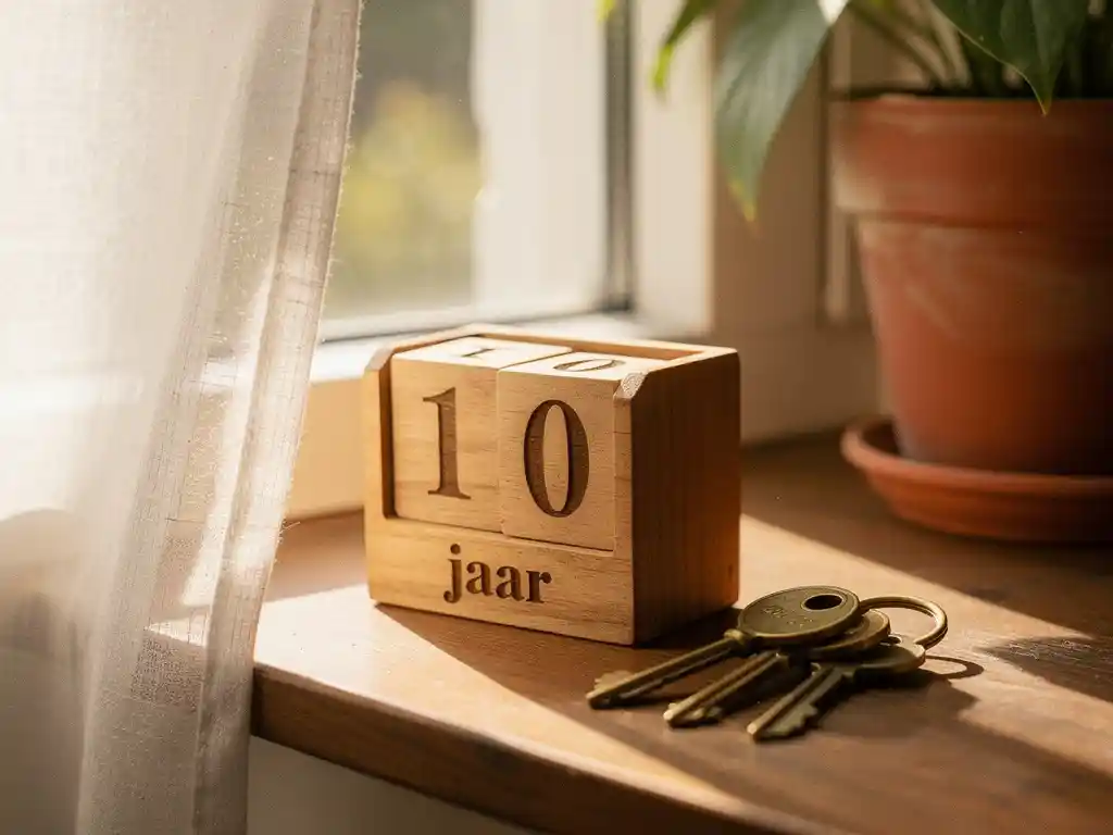 Houten kalender met "10 jaar" op een zonnig vensterbank naast ouderwetse messing huissleutels, warm middaglicht door vitrage.
