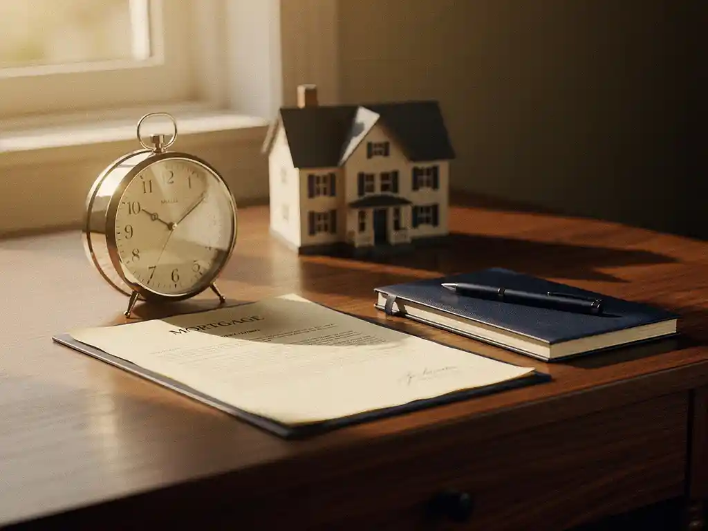 Analoge klok op opgeruimd bureau naast miniatuur huismodel en ondertekend hypotheekdocument, warm middaglicht.