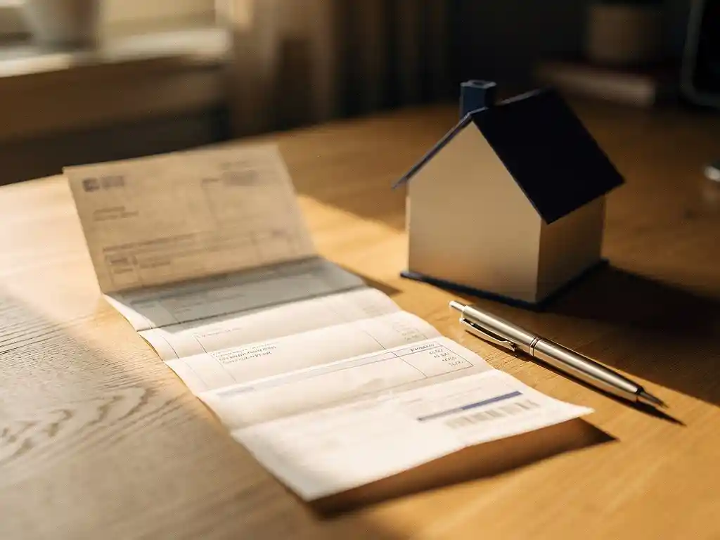 Loonstrook op houten bureau naast miniatuur huis en pen, warm natuurlijk licht, knus thuiskantoor.