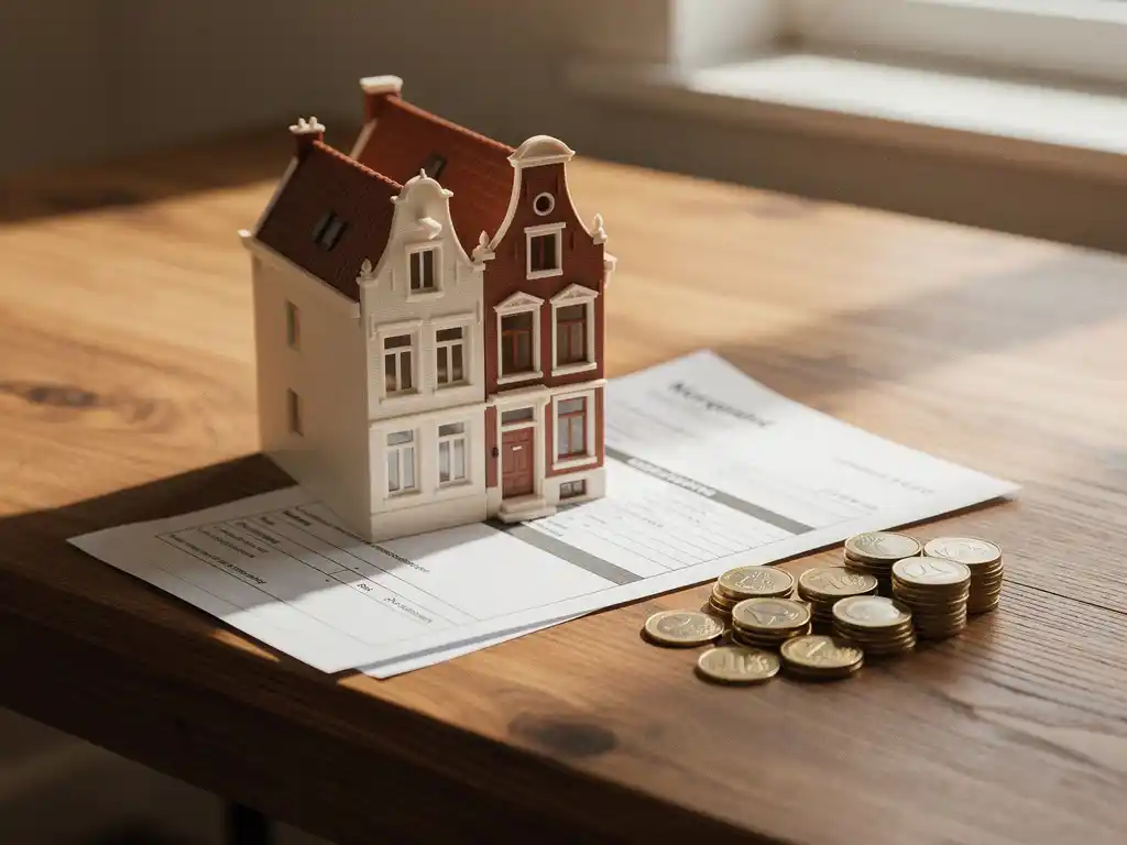 Miniatuur Nederlands rijtjeshuis op eiken bureau naast euromuntjes en een hypotheekdocument, in zacht natuurlijk licht.