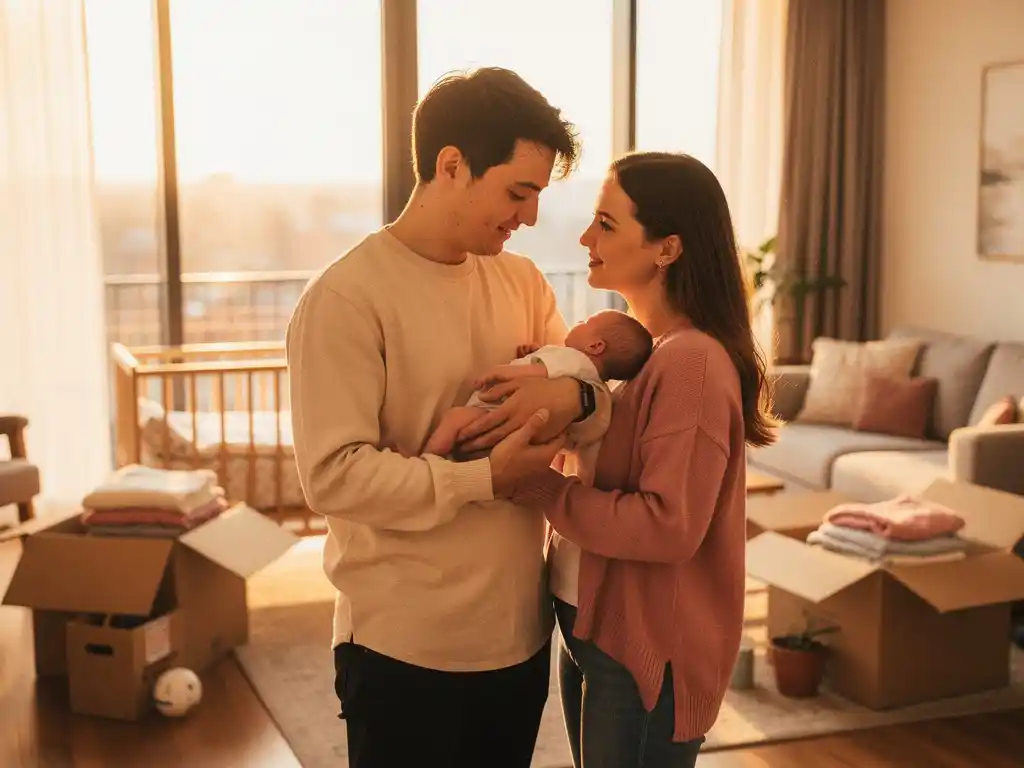 Jong stel houdt pasgeboren baby vast in woonkamer met verhuisdozen en houten wiegje, gouden middaglicht.