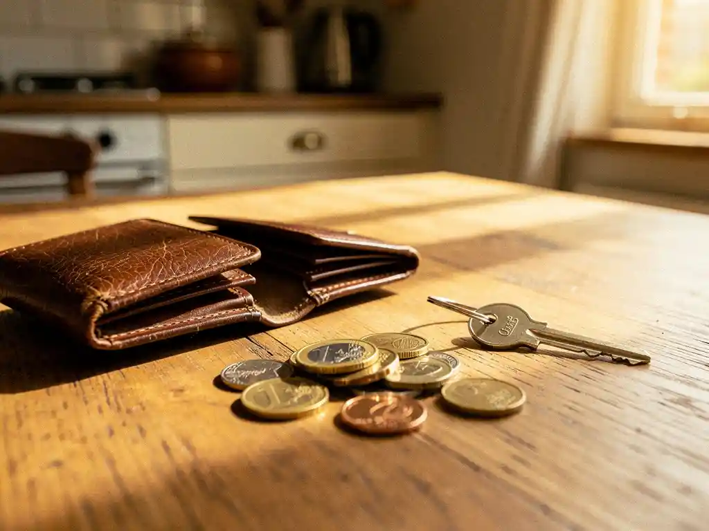 Versleten leren portemonnee open op eiken keukentafel met euromuntjes en huissleutel in warm ochtendlicht.