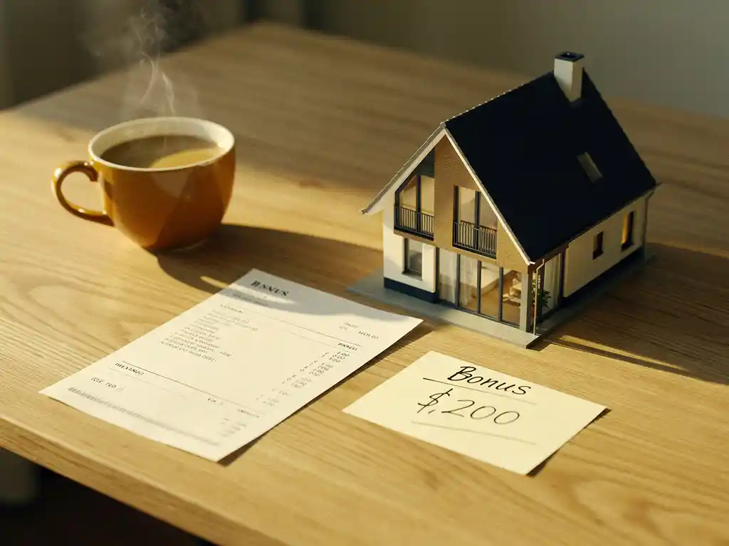 Loonstrook met handgeschreven bonusbedrag naast een miniatuur Nederlands woonhuis op een eikenhouten bureau, warme ochtendsfeer.