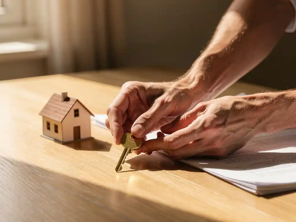 Verweerde handen die een gouden sleutel op een houten tafel leggen naast een miniatuurhuis en gevouwen document, warm zonlicht.