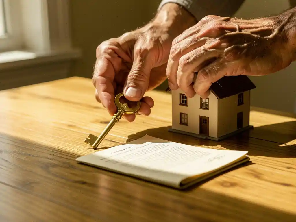 Verweerde handen leggen een grote messing sleutel op een houten tafel naast een miniatuurhuis en een gevouwen document.