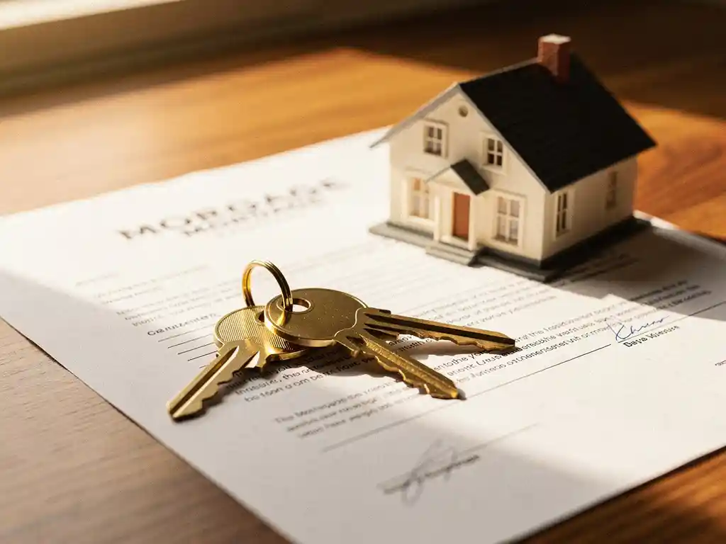Huissleutels op een ondertekend hypotheekdocument naast een miniatuurwoning op een houten bureau, warm middaglicht.