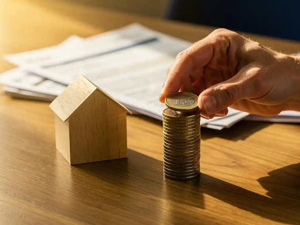 Hand die een euromunt op een stapel munten legt naast een houten huismodel, met hypotheekdocumenten op de achtergrond.