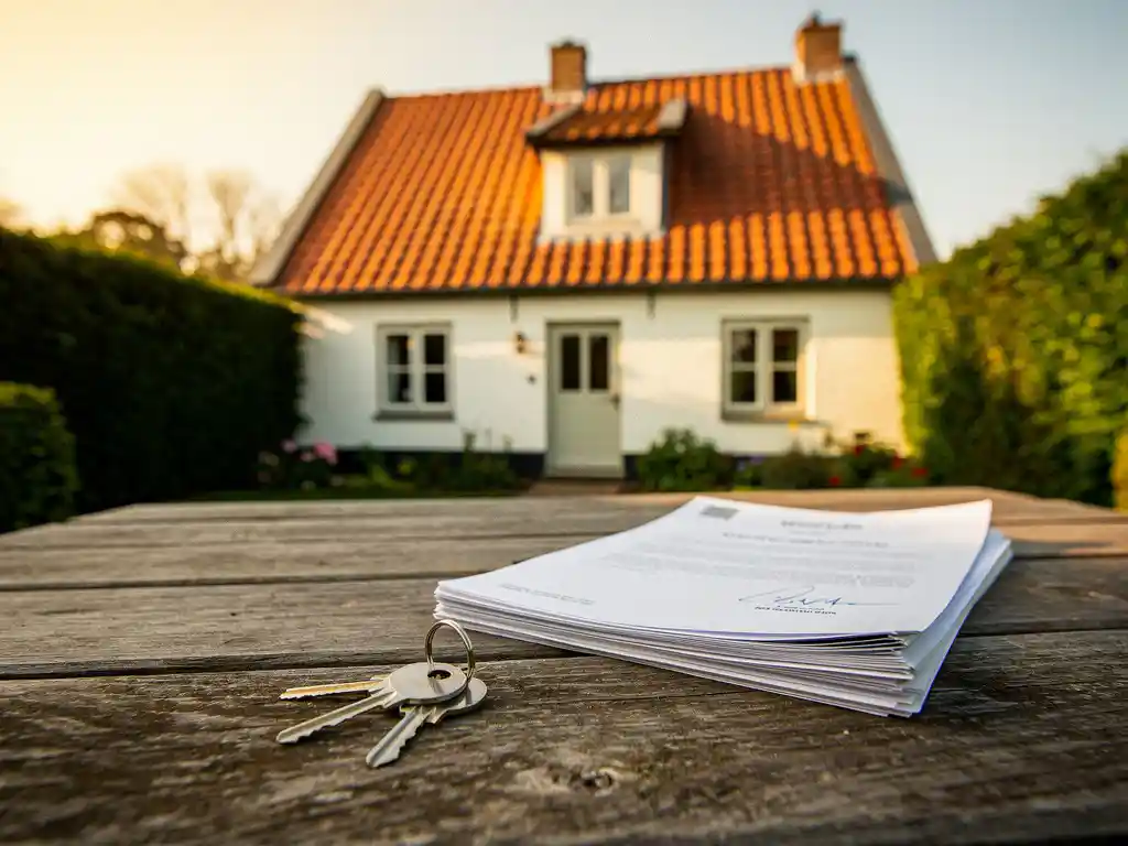 Zonnige Nederlandse cottage met terracottadak, sleutels en getekend hypotheekdocument op houten tuintafel op de voorgrond.