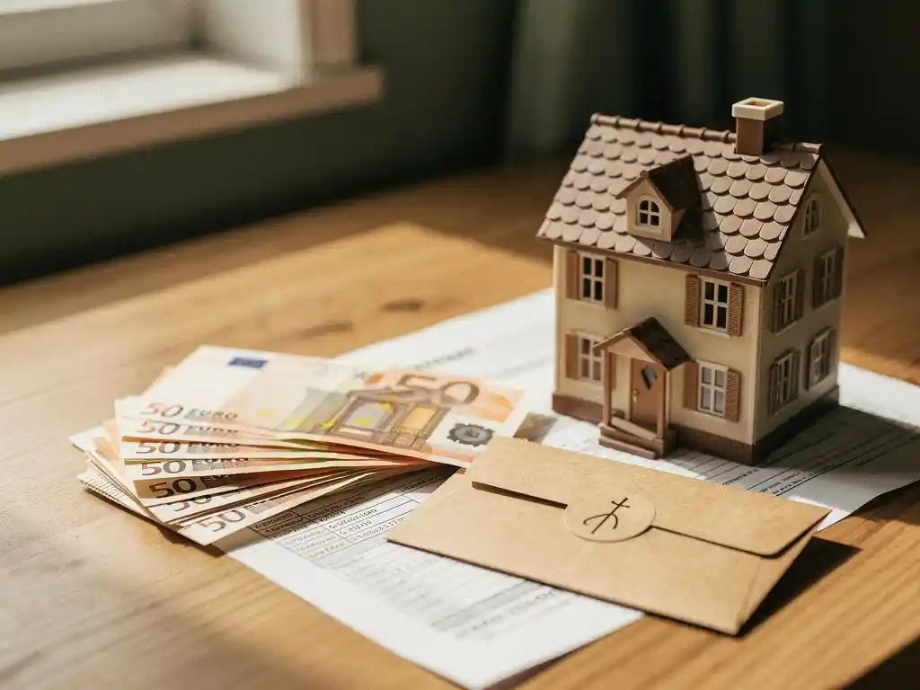 Stapel eurobiljetten en vakantiegeld-envelop naast miniatuurhuis op houten bureau, hypotheekdocument zichtbaar, warm natuurlijk licht.