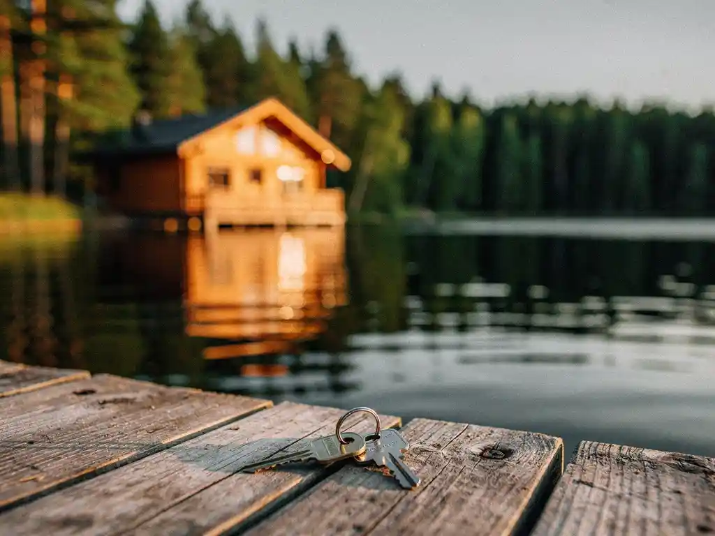 Houten vakantiehuisje aan een rustig meer met sleutels op een verweerde steiger, omgeven door groene dennenbomen in warm middaglicht.