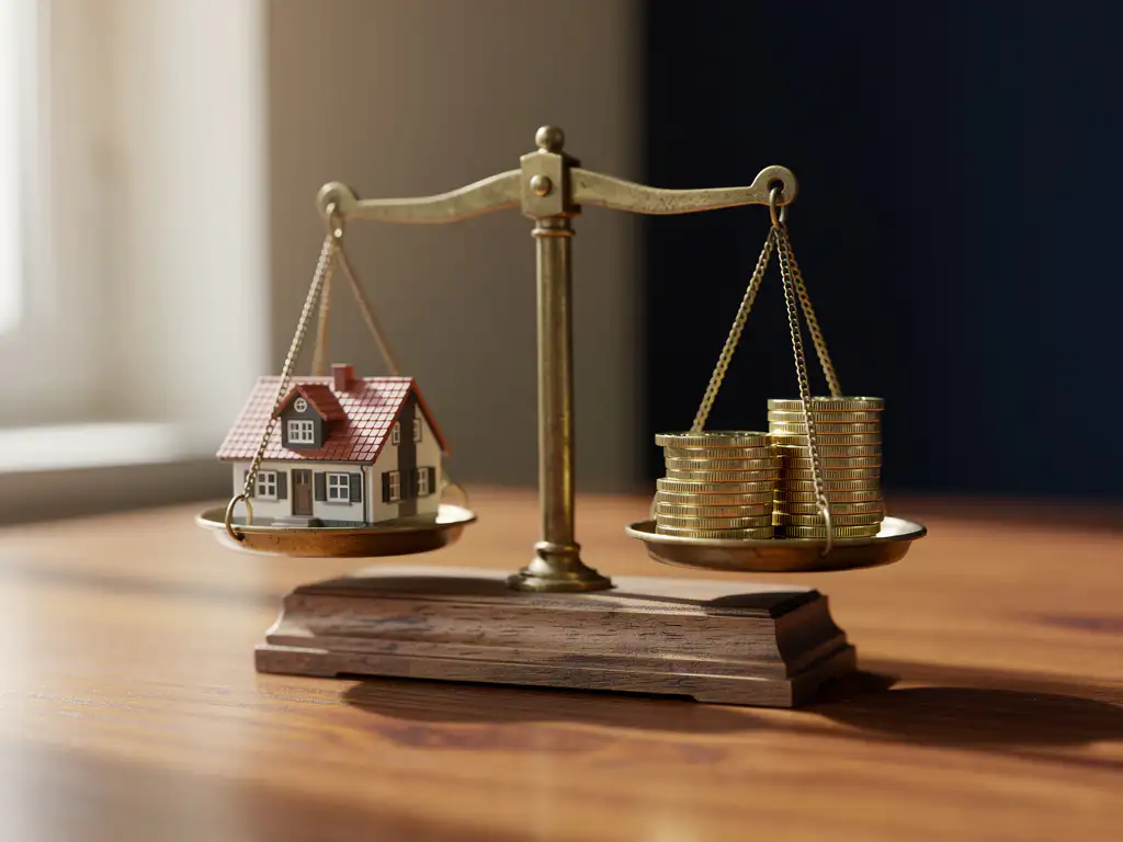 Houten weegschaal met miniatuur huismodel en gestapelde euromunten op een eikenhouten bureau in zacht natuurlijk licht.